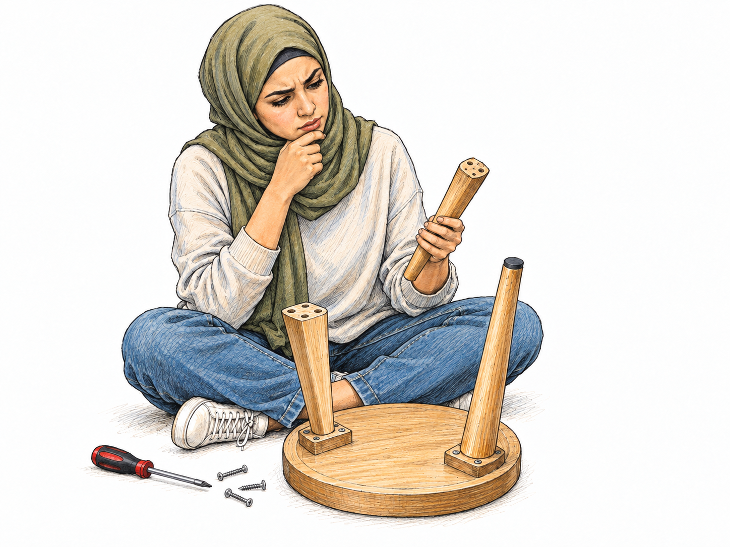 A novice assembling a small wooden stool has attached one leg upside down.