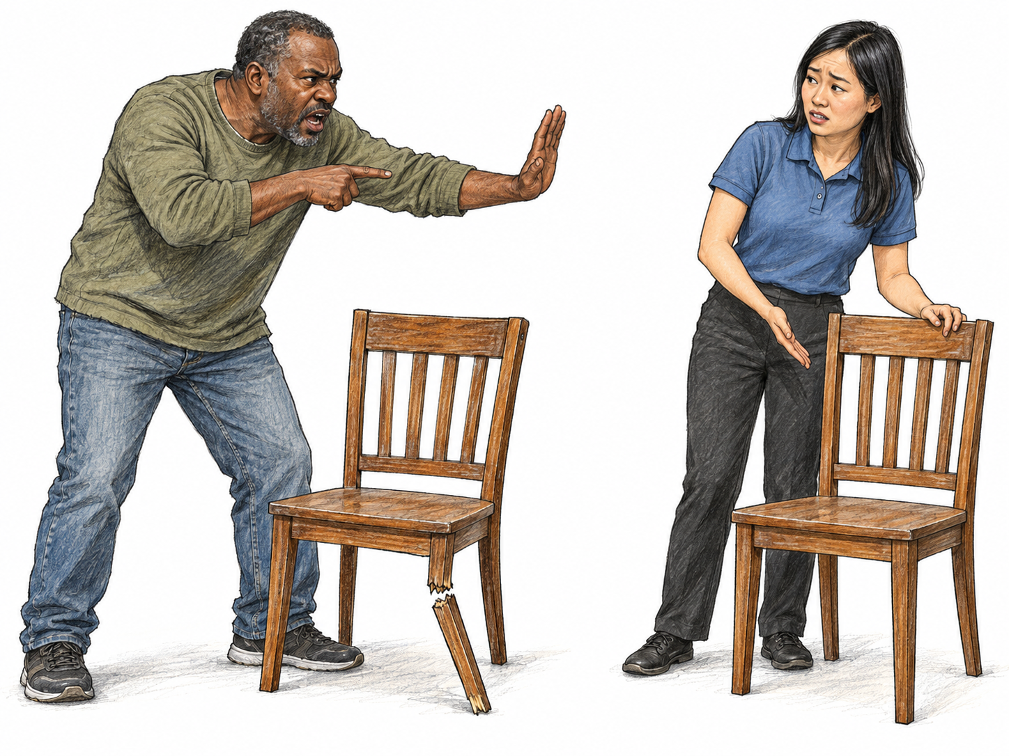 A scowling customer argues over a plainly undamaged replacement chair, pointing accusingly while blocking the offered replacement; the employee's open-handed, weary response makes his difficult, oppositional manner visible.