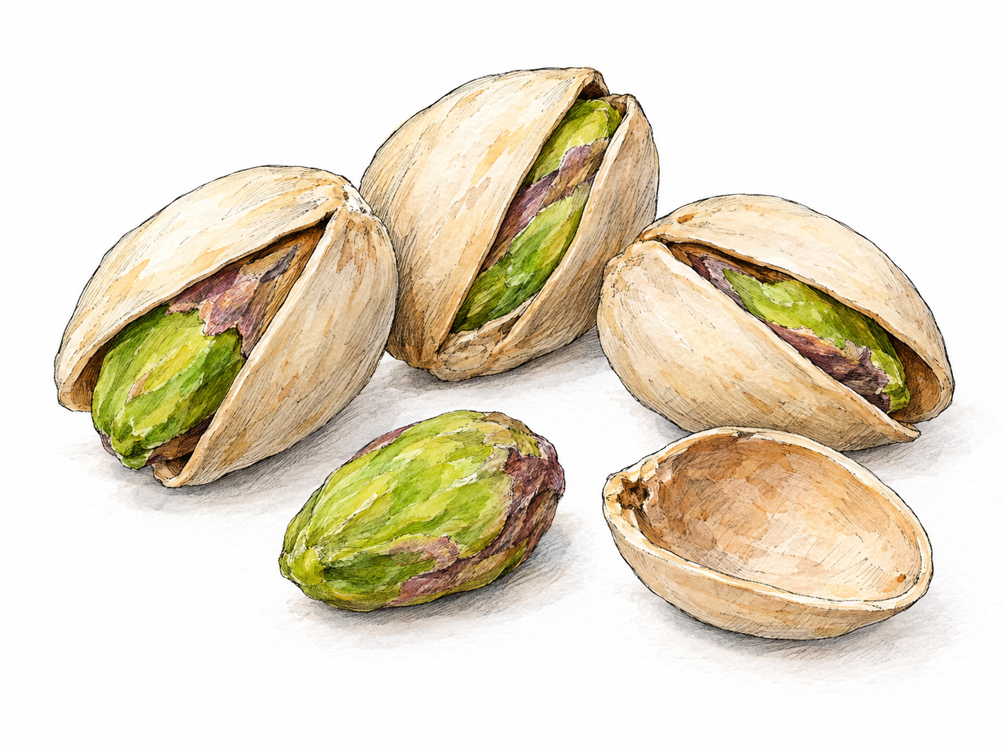 A close-up cluster of pistachios with naturally split ivory shells exposing green kernels, accompanied by one shelled kernel and an empty shell half.