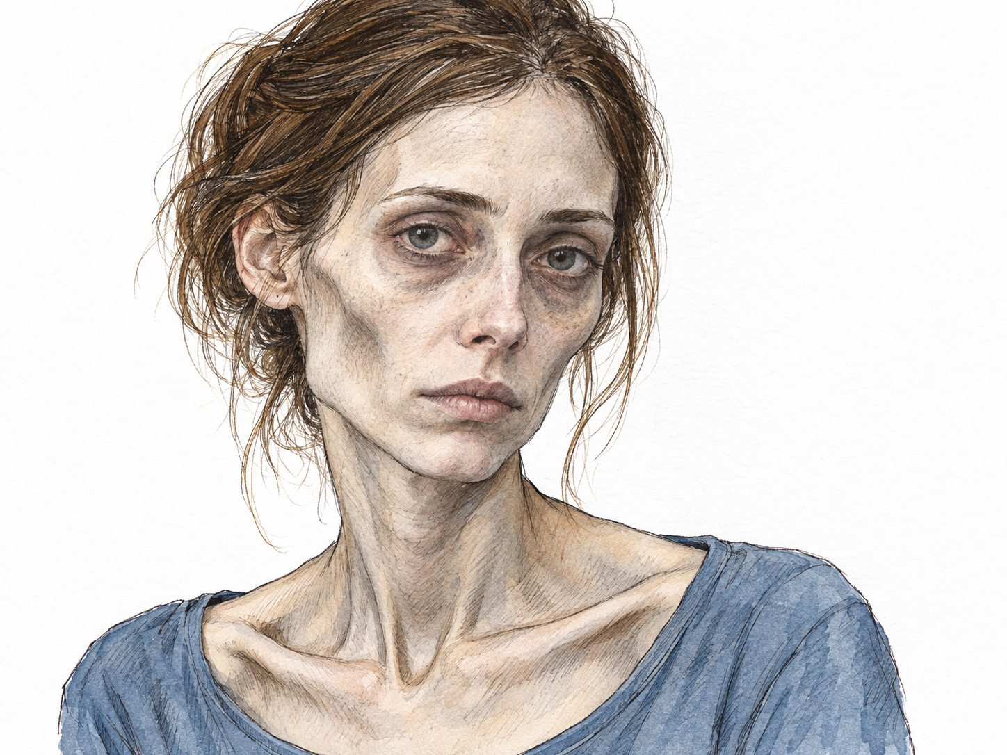 A close, three-quarter portrait of a living young woman whose extreme thinness, ashen pallor, hollow cheeks, sunken eyes, and prominent collarbones give her a distinctly deathlike appearance.