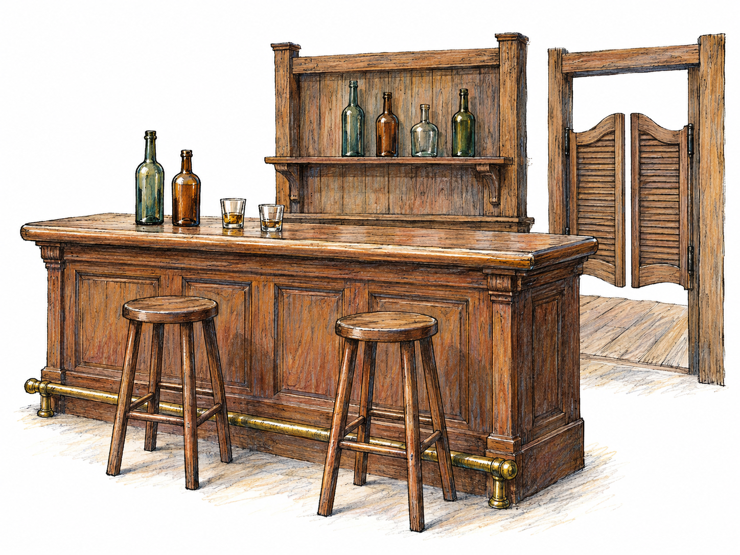 A spare late-19th-century American West saloon interior: a wooden bar with a brass foot rail, two stools, plain bottles and drinking glasses, and a pair of swinging half-doors.