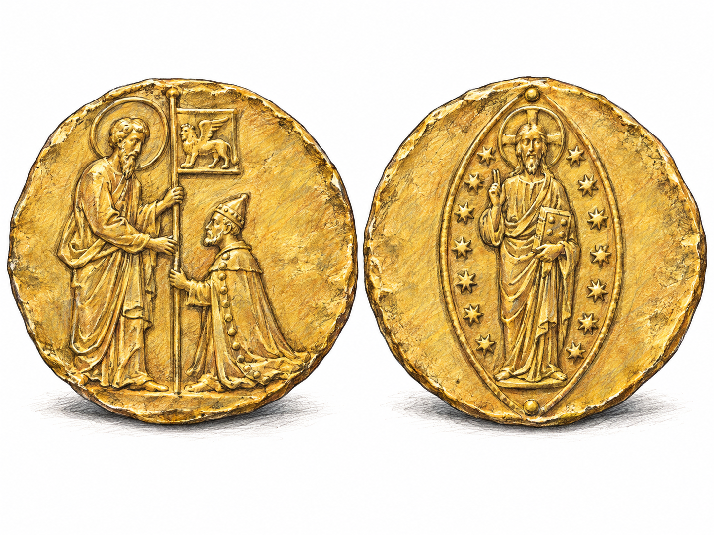 A close-up of two old Venetian gold ducats, one showing the kneeling doge receiving a banner from Saint Mark and the other showing the traditional standing sacred figure within an oval of stars.