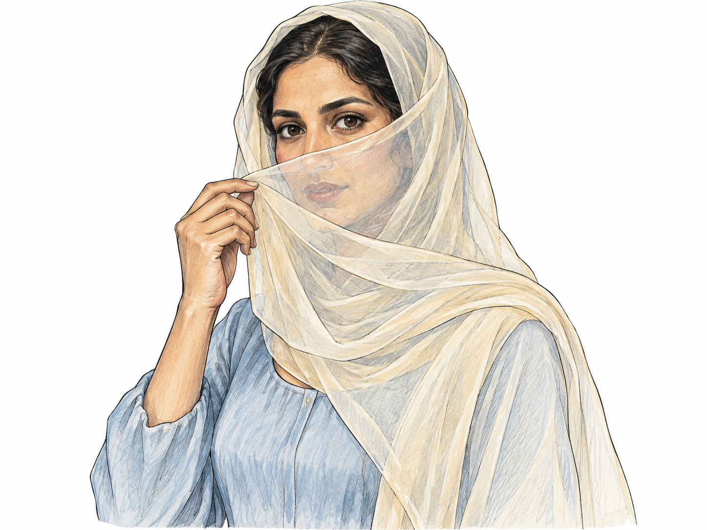 Half-length woman wearing a light translucent cream veil over head and partly across face, eyes and facial features visible through sheer fabric, neutral expression.