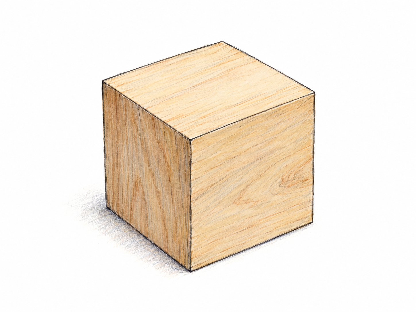 A single solid wooden cube shown in three-quarter view, with three visible square faces and clearly equal edge lengths, directly illustrating the cube-shaped branch of the frozen meaning.