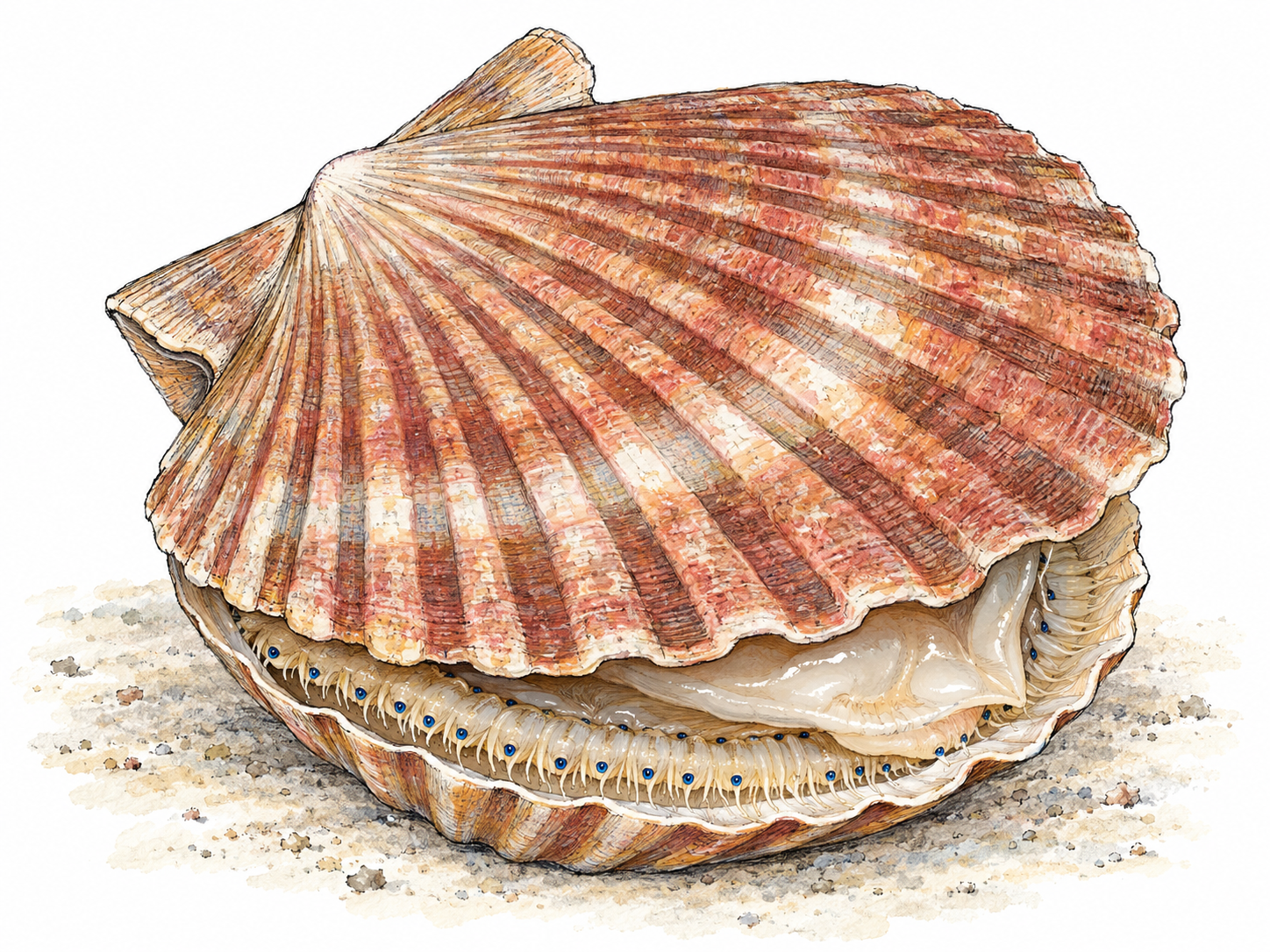 A single living scallop with its ribbed, fan-shaped shell slightly open, showing the animal inside and the small blue eyes along its mantle edge.