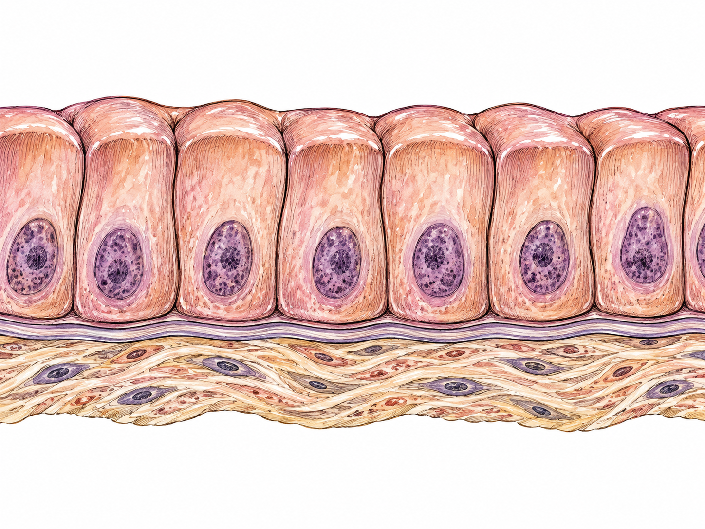 An educational non-graphic close-up of epithelial tissue: a coherent layer of similar tightly packed cells with visible nuclei rests on a thin basement membrane, rendered as a cutaway strip of living tissue.