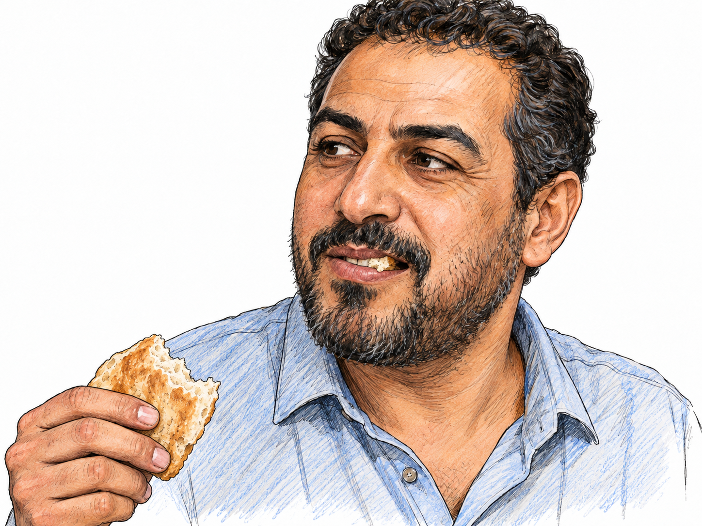 Close three-quarter view of a man chewing a small mouthful of bread, with his lips slightly parted so food being compressed between his side teeth is visible.