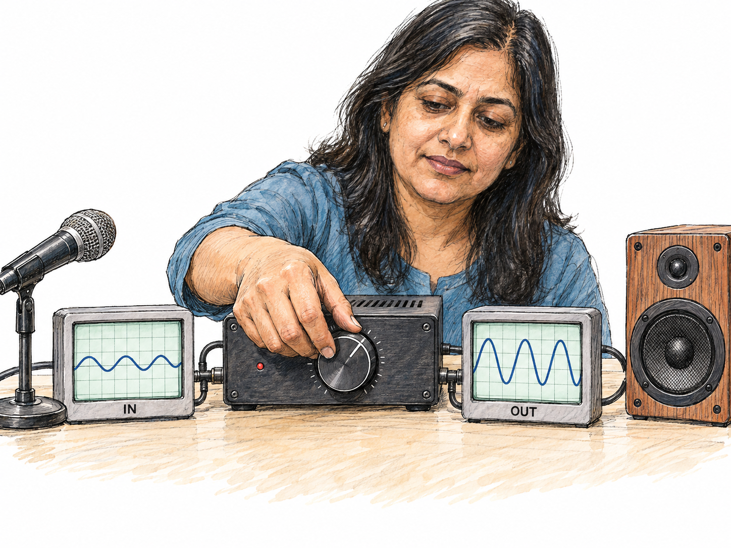 A close oblique view of a South Asian audio operator increasing amplifier gain, with two small measurement screens physically connected before and after the amplifier showing the same signal at markedly different strengths.
