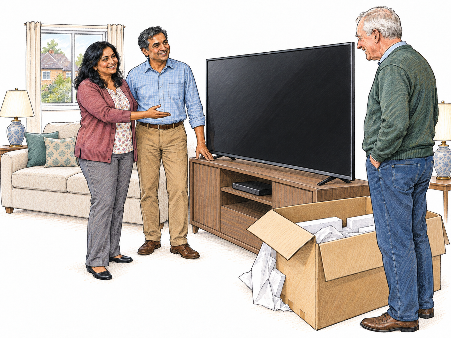 Typical of the middle class, often conventional or materialistic: a comfortably situated suburban couple ceremoniously displays a new oversized television to a visitor in their compact, carefully coordinated sitting room.