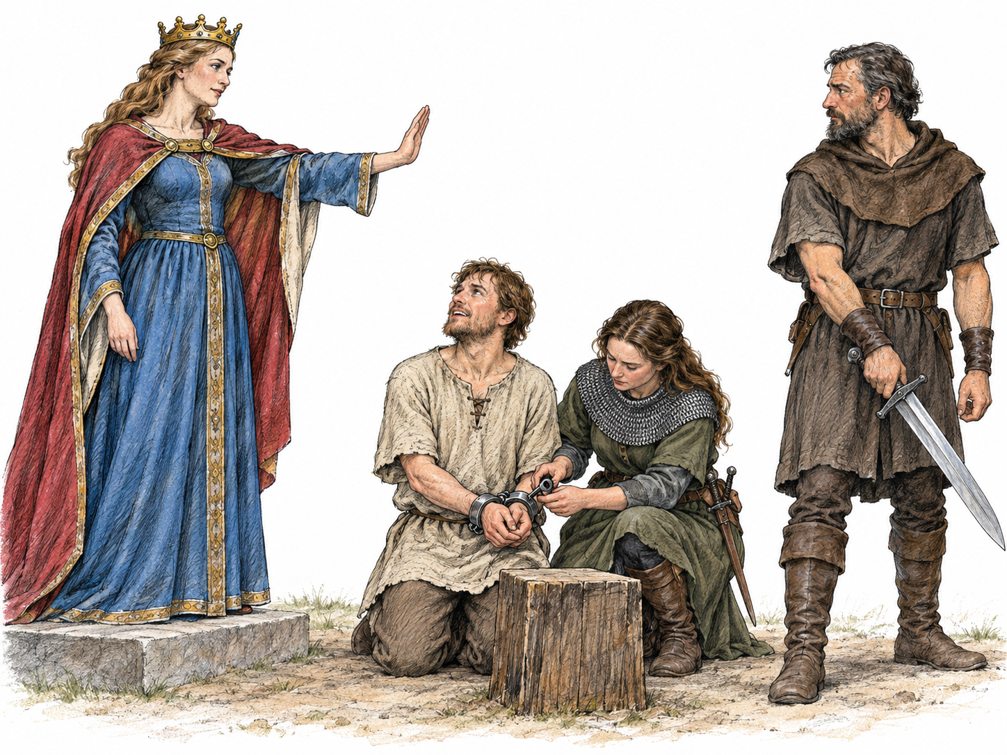 Clemency: a ruler mercifully halts an imminent punishment, directing an executioner to lower his sword while a guard frees the kneeling prisoner.