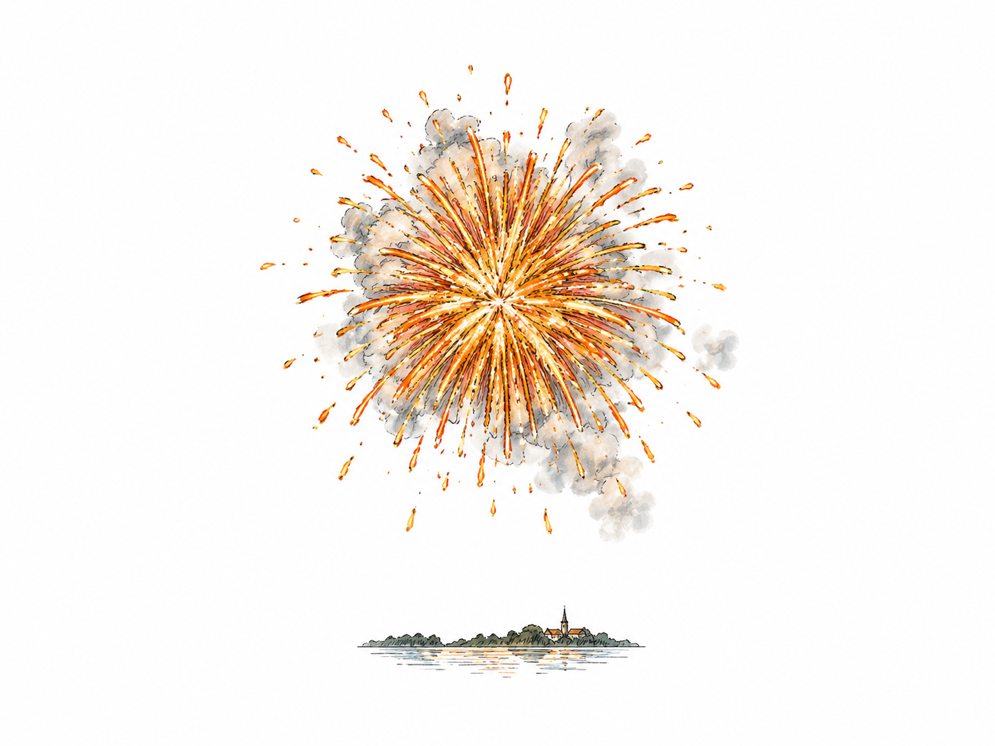 A single aerial firework shell bursts suddenly into a compact expanding sphere of orange sparks and pale smoke high above a tiny distant ground fragment.