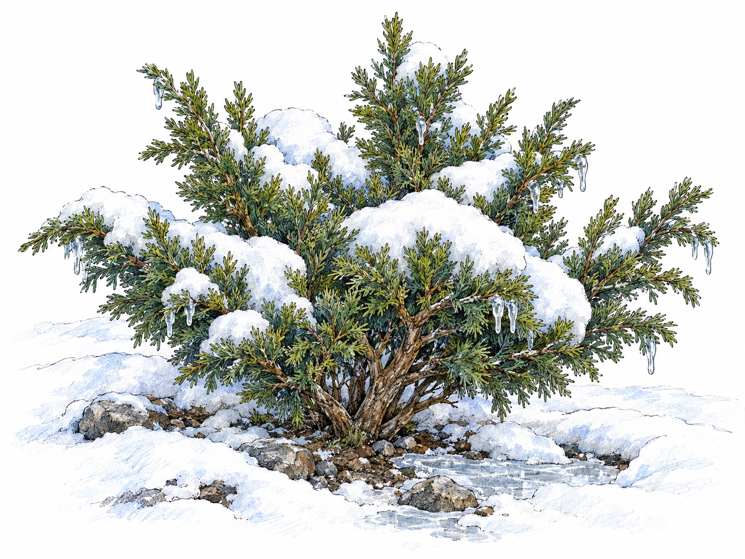 A healthy, compact evergreen shrub remains green and upright in exposed rocky soil despite snow and ice weighing on its branches.