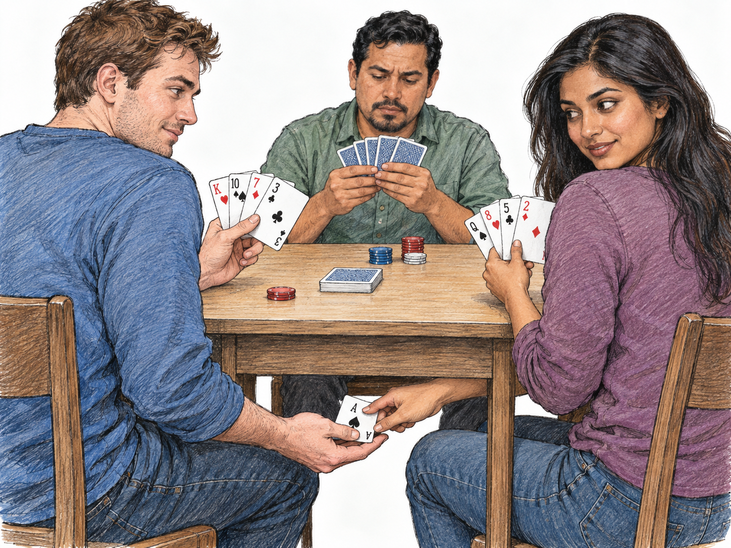 Two card players secretly cooperate to cheat a third: beneath the table, one slips an extra ace into the other's concealed hand while their unsuspecting opponent studies his cards above the tabletop.