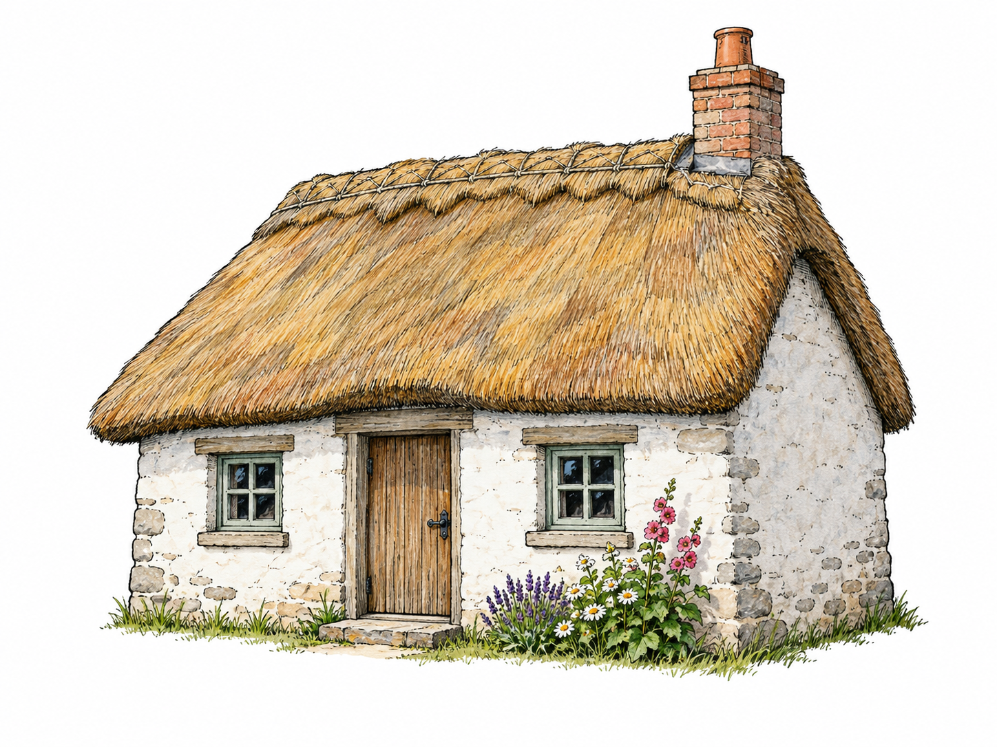 Small simple country cottage with low pitched thatched roof, one chimney, plain wooden door and two small windows, tiny flower patch; isolated architecture on neutral white, no landscape panorama.