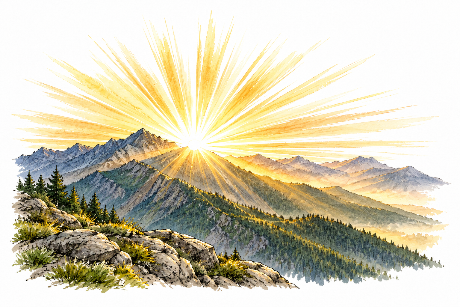 Brilliant sunburst over mountain ridge fills the sky with glowing radiance.