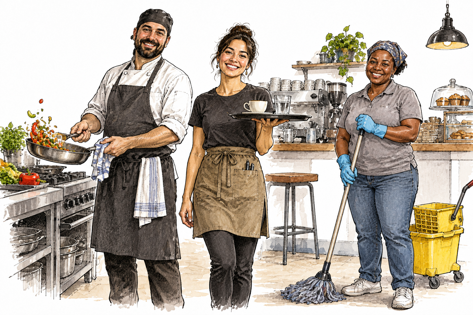 A varied modern café staff team, cook, server and cleaner, stands together at work with appropriate tools, no signage.
