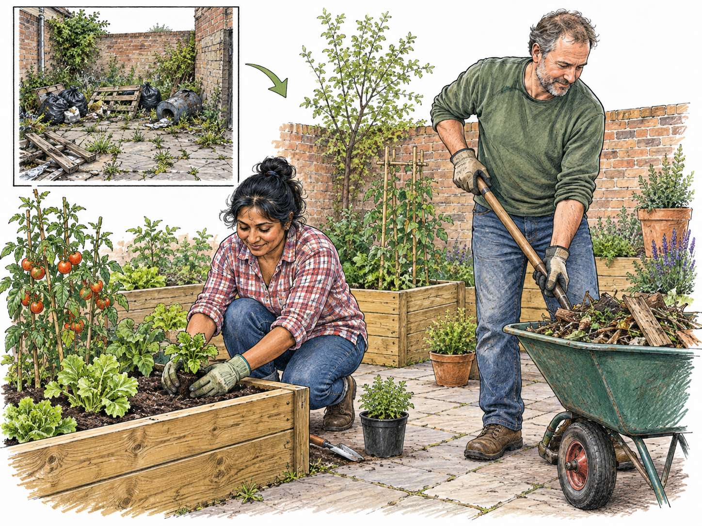 Two adults reclaim a neglected courtyard by clearing rubbish and planting raised beds, with a small before inset of the same site; restoration for use.