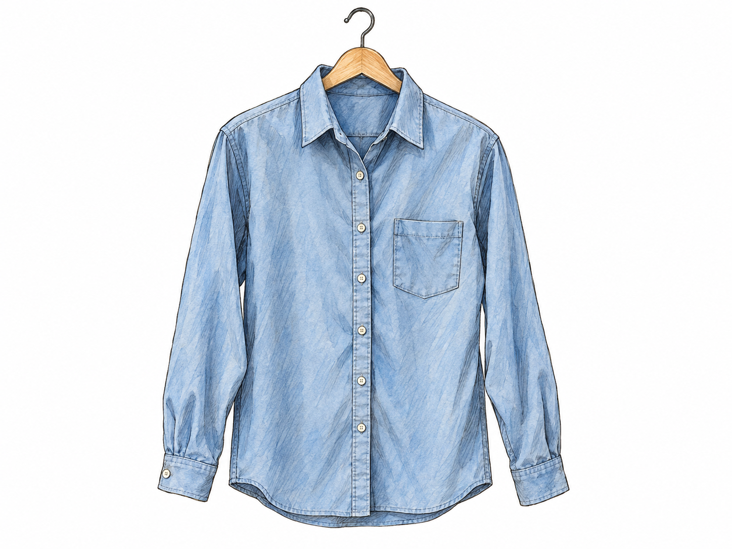 A single button-front shirt hanging neatly from a plain wooden hanger, showing one complete, recognizable item of clothing.