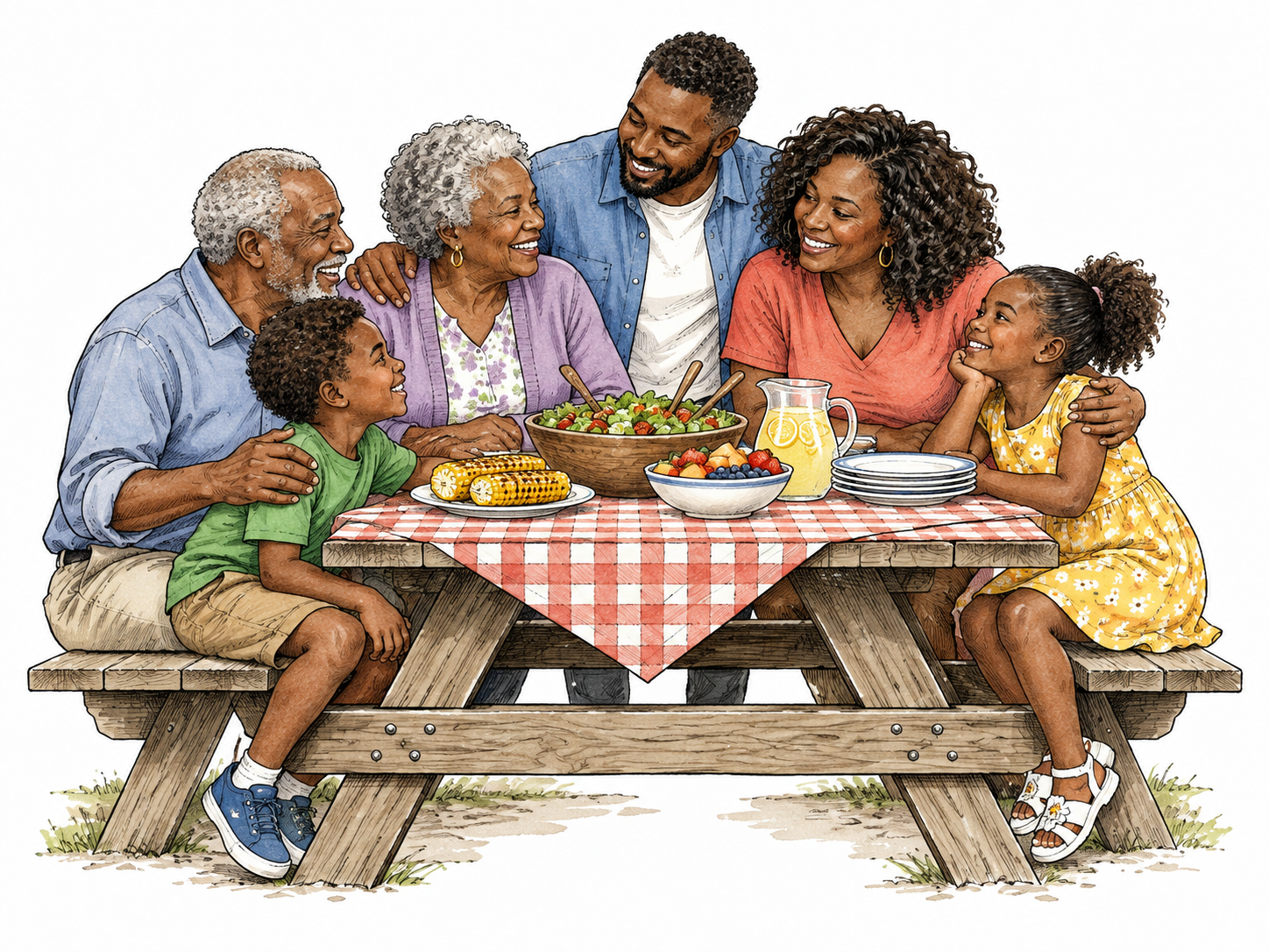 A multigenerational family gathers around a picnic table, affectionate familiar gestures linking grandparents, parents and children, without formal diagram or text.