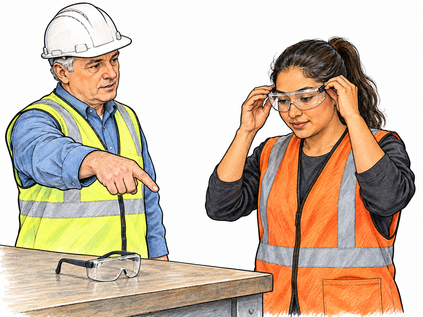 Worker puts safety goggles over eyes immediately after supervisor points toward goggles; both in simple workshop with one bench edge, actual complying action clear.