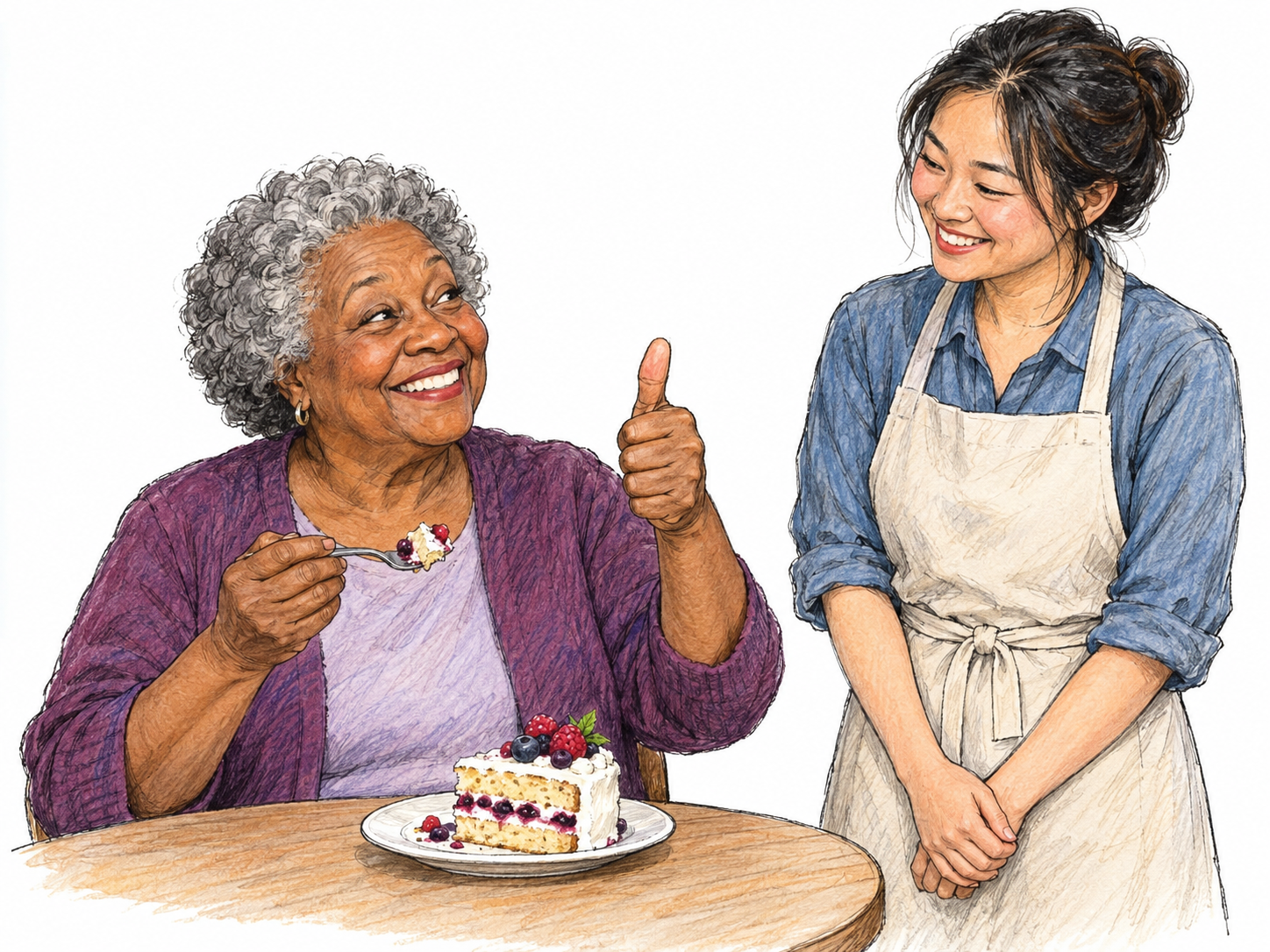 An older woman tastes a beautifully prepared dessert and gives an emphatic thumbs-up, visibly delighted, while its young adult maker smiles beside her.