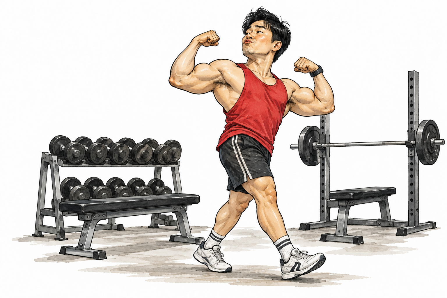 A young East Asian adult man struts with chest puffed out and exaggerated biceps flex in an ordinary gym.