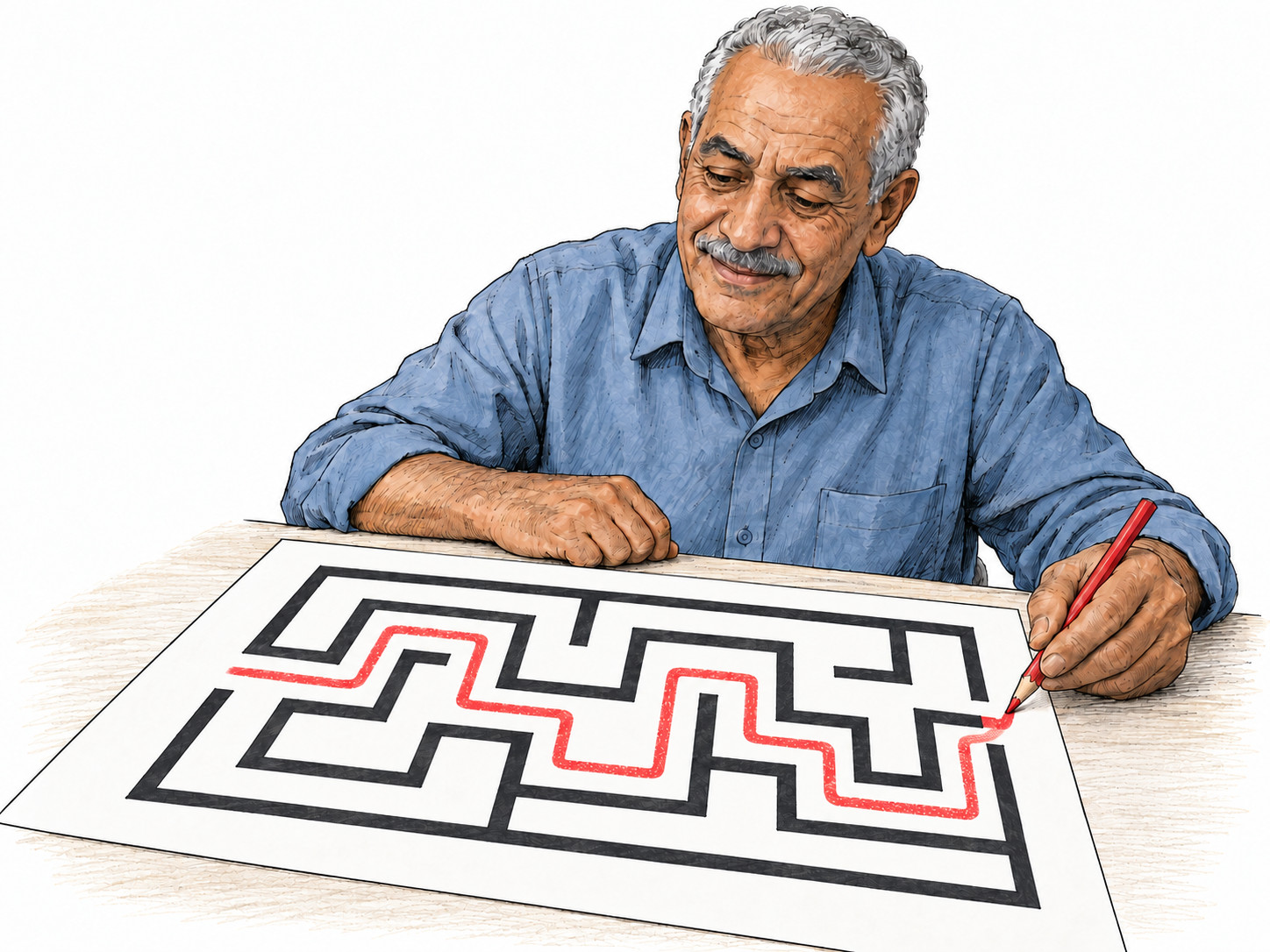 An older man has correctly solved a branching maze: a continuous pencil route runs from the entrance to the exit, avoids several convincing dead ends, and finishes beneath his pencil.