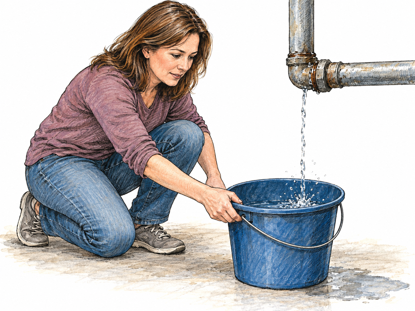 A woman slides a bucket beneath a leaking pipe to catch the falling water.