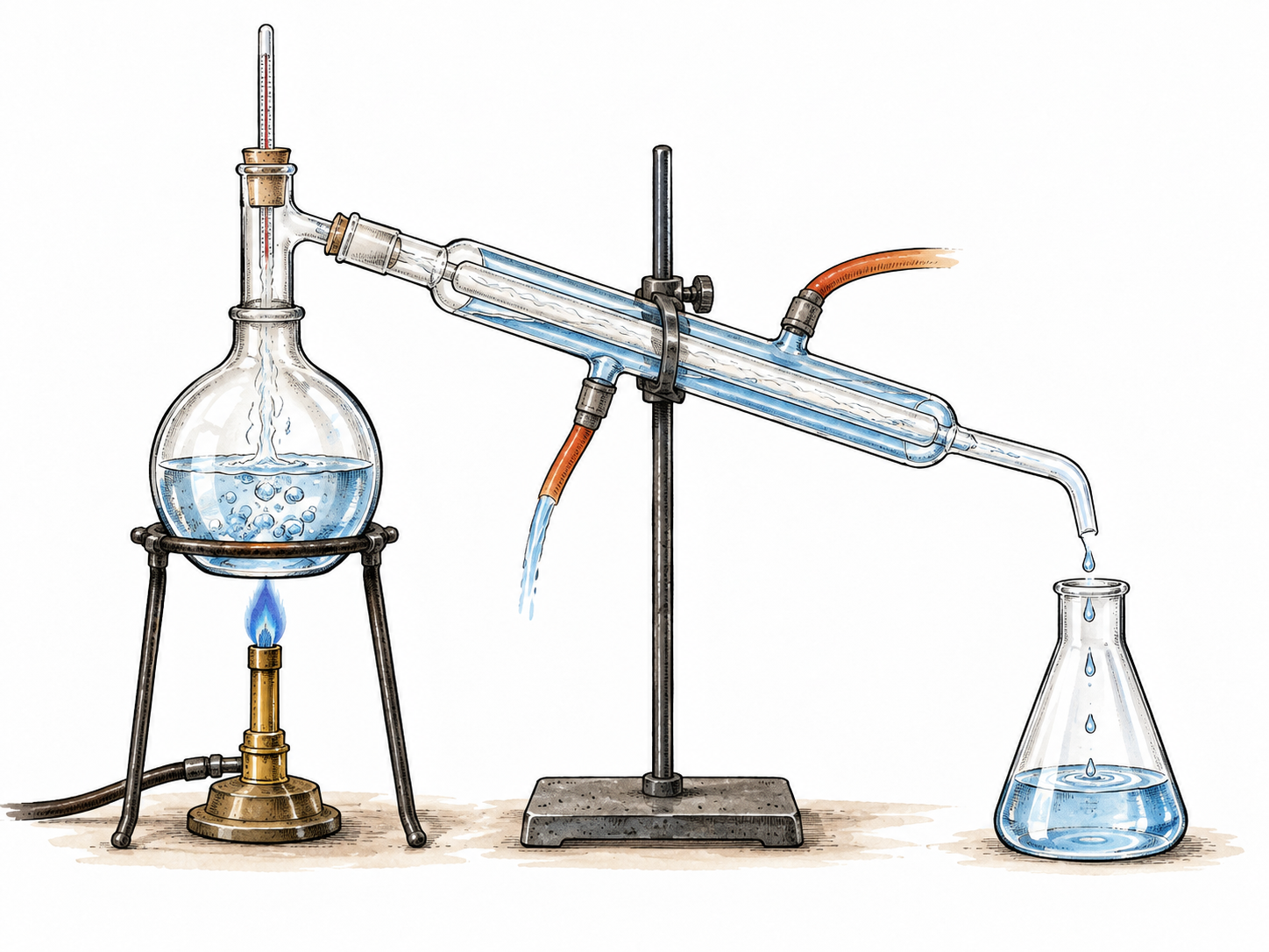 A simple glass distillation setup heats a flask, vapor passes through a sloping condenser into a separate receiver, no labels.