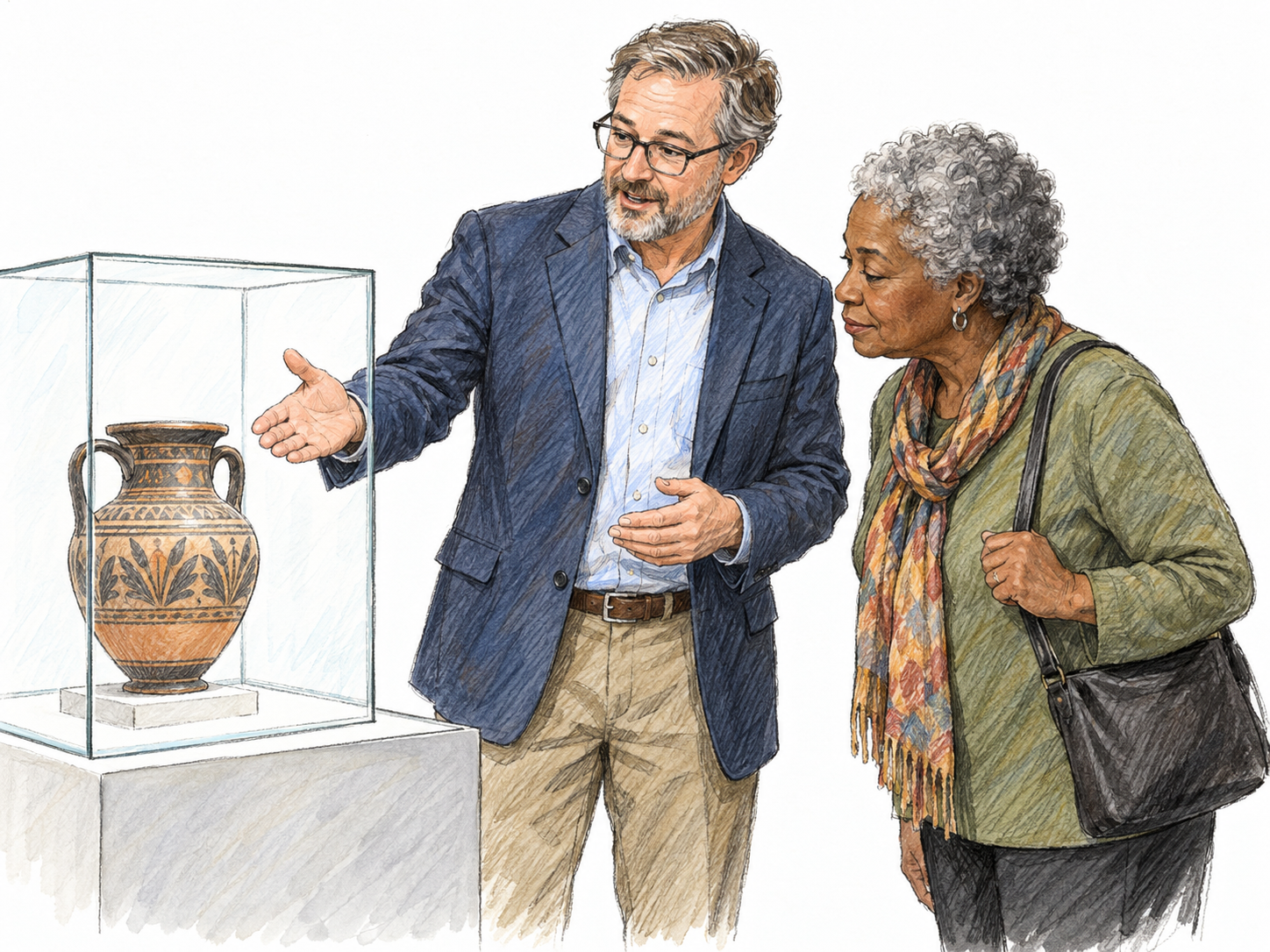 A museum docent explains an ancient ceramic vessel in a display case to an attentive visitor, using an open-handed gesture toward the exhibit.