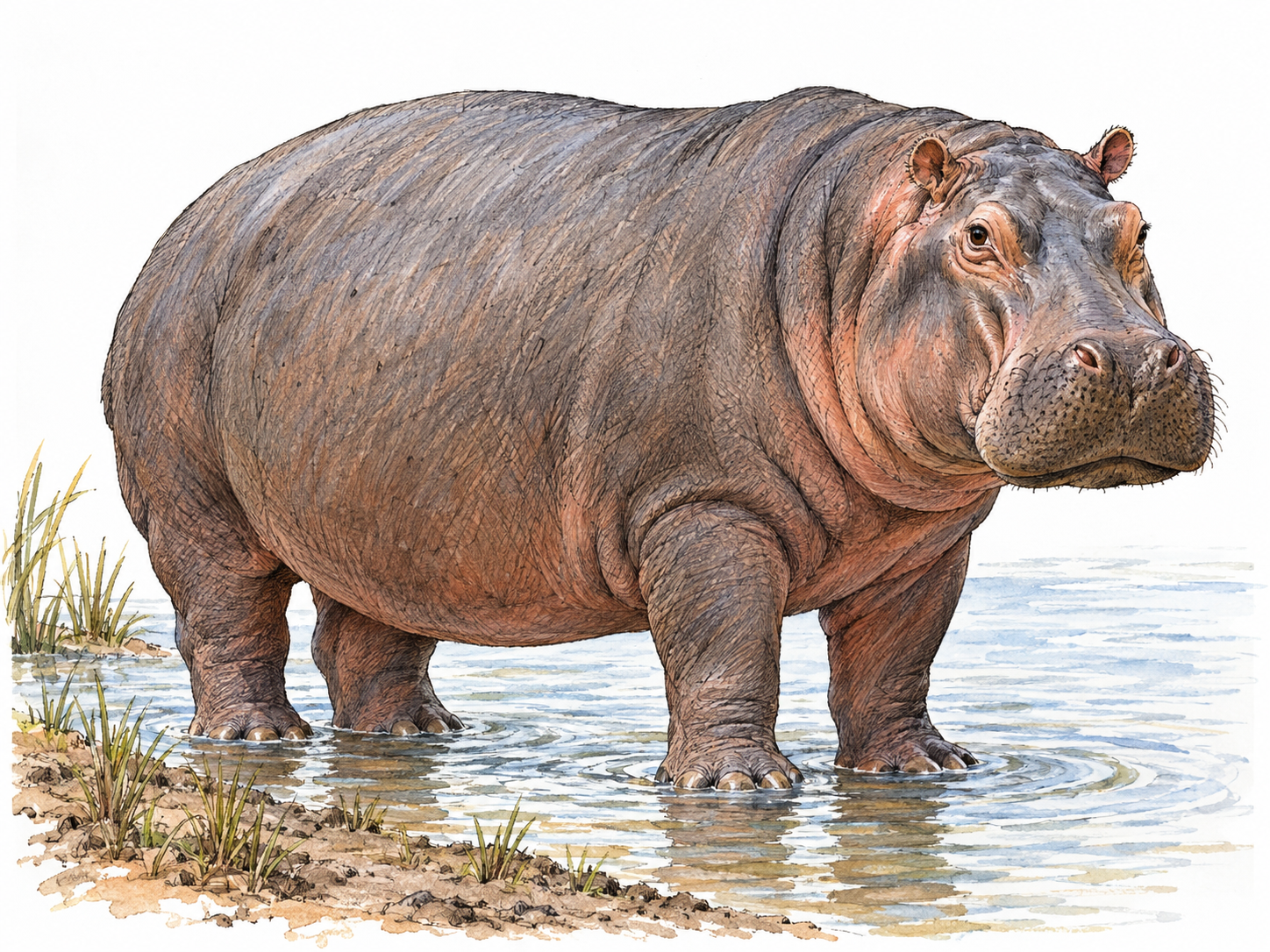 A single adult hippopotamus stands at a shallow river edge, its massive barrel-shaped body, thick folded skin, broad muzzle and short legs clearly visible.