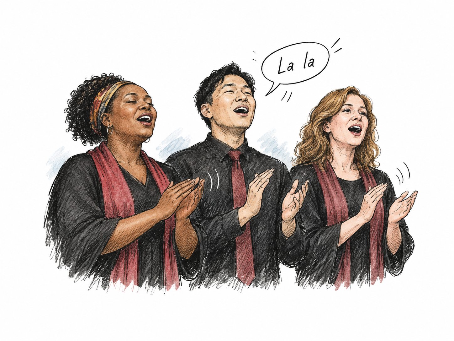 Three adults sing one repeated rhythmic phrase together with synchronized open mouths and hand beat; one small speech ribbon contains only La la repeated twice, functional vocal phrase, no lyrics.