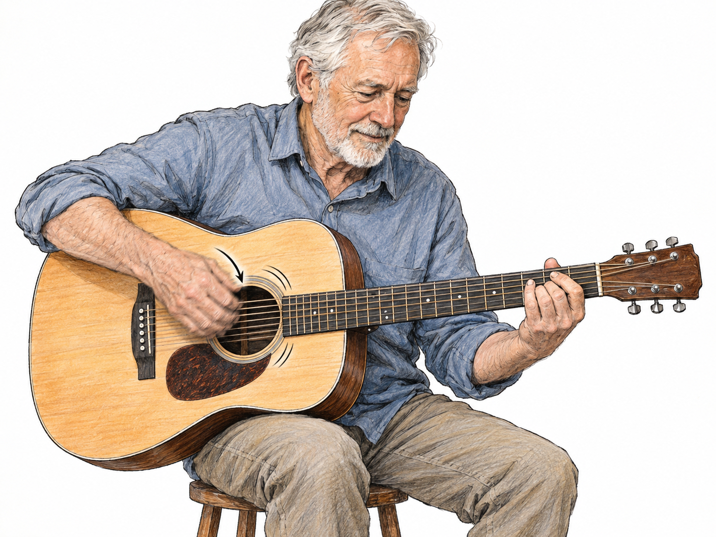 A seated older man strums an acoustic guitar, his right hand sweeping across all six strings over the sound hole while his left hand holds a chord.