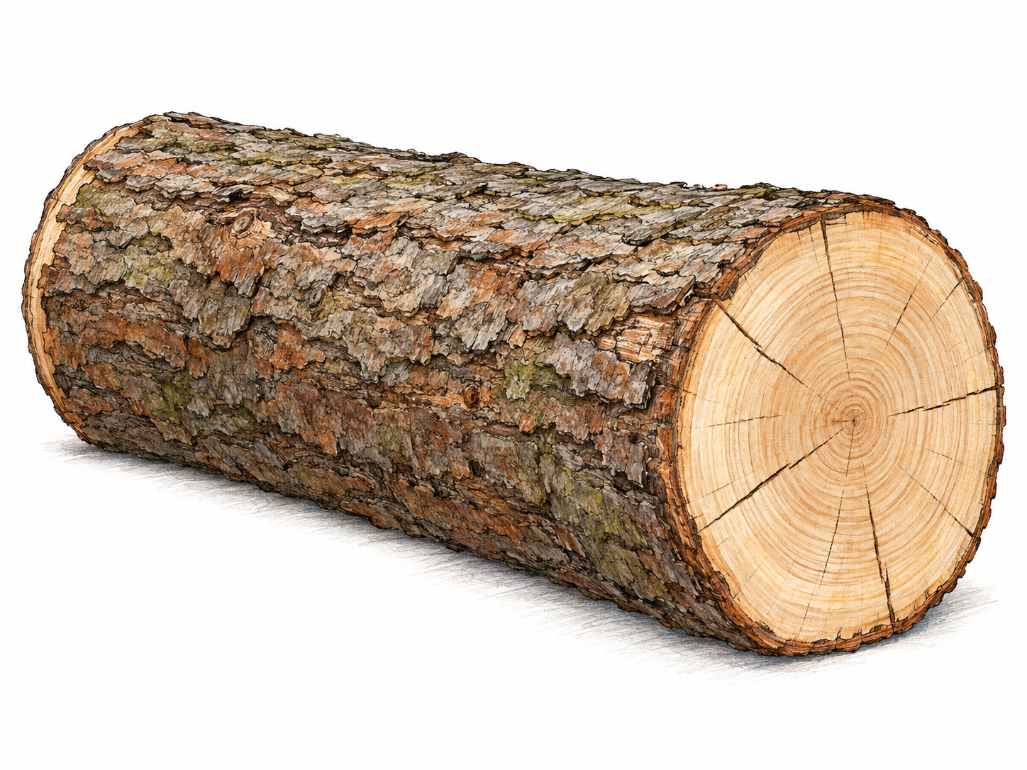 A single short section of tree trunk lying on its side, with rough bark and a plainly visible sawn end showing growth rings.