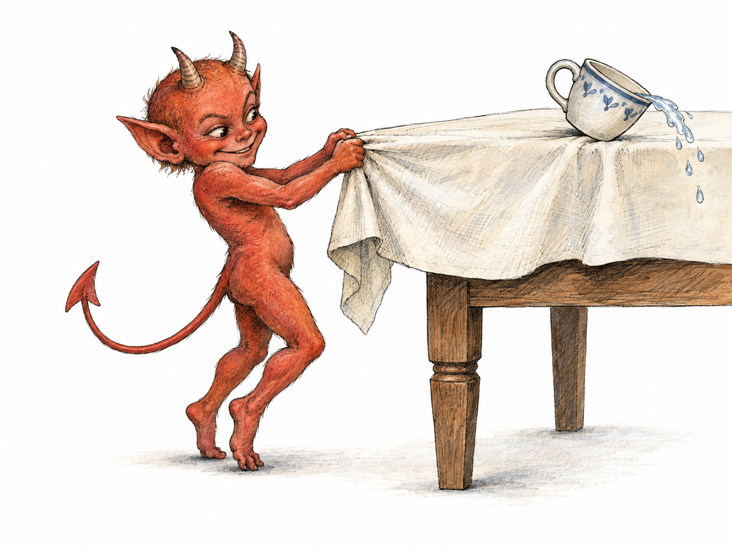 A tiny horned imp with a pointed tail mischievously pulls a tablecloth, sending a cup sliding toward the edge.