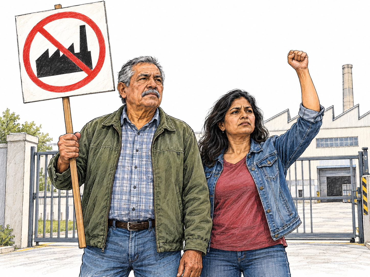 An older man visibly picketing outside a factory entrance, carrying a protest placard with a crossed-out factory pictogram; a fellow protester stands beside him with a raised fist.