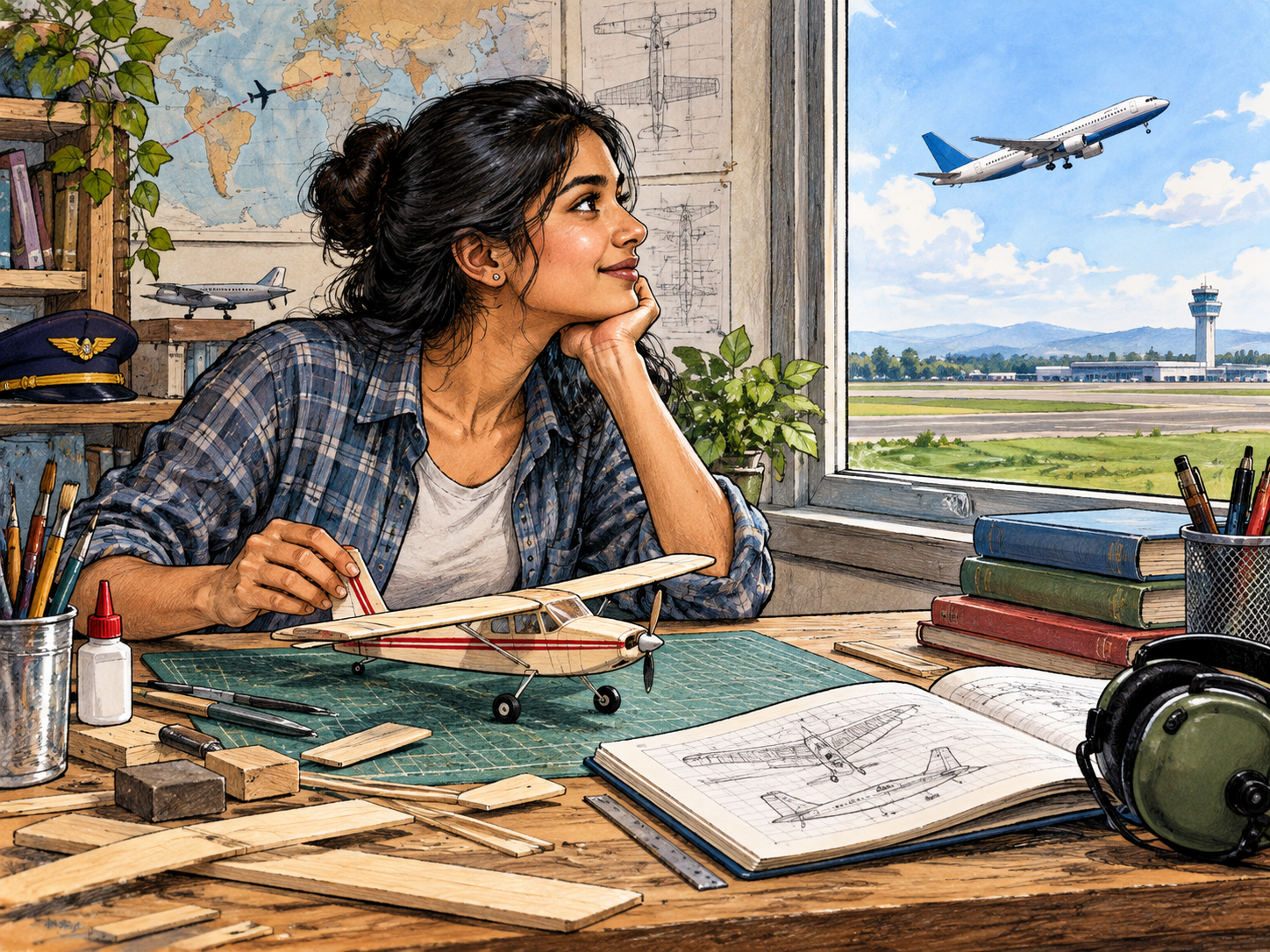 A young adult South Asian woman building a model airplane looks hopefully toward a real airplane through a workshop window.