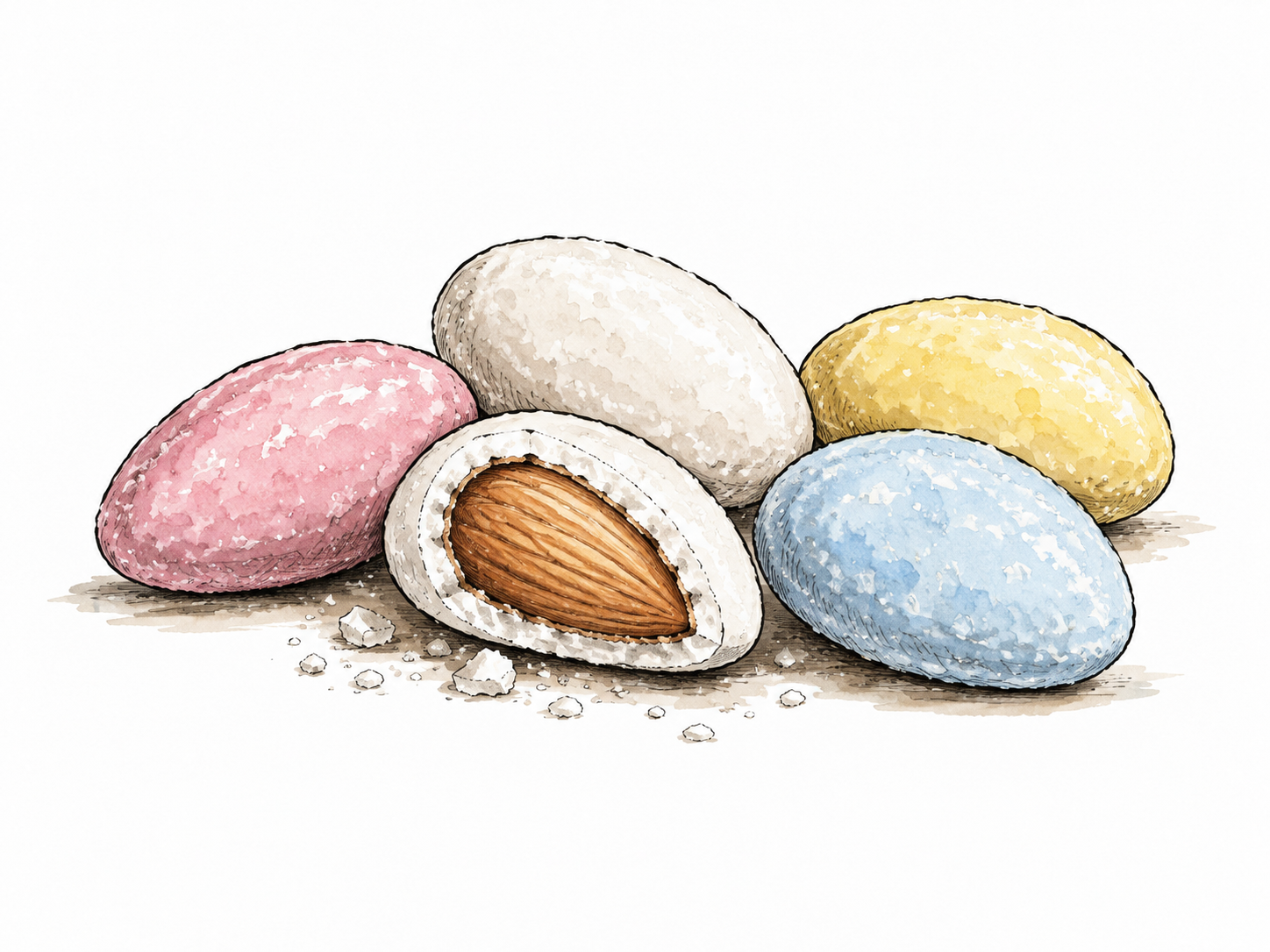 Several small sugar-coated almonds with one cleanly cut in half to reveal its almond center.