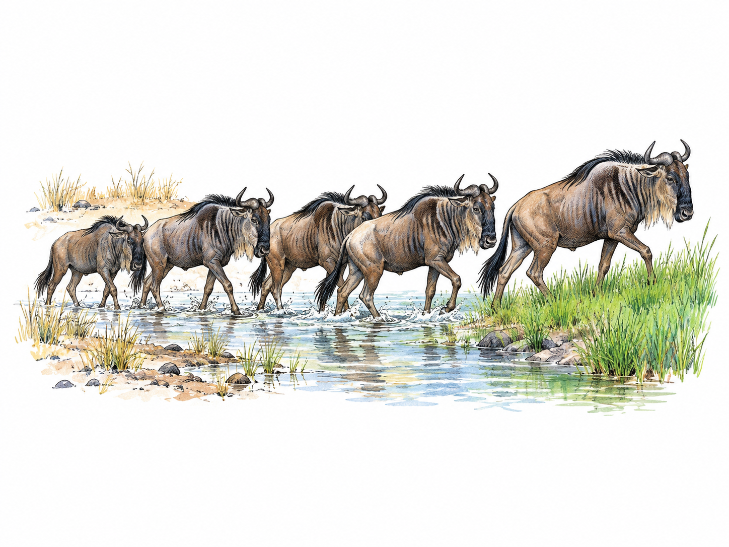 A compact herd of five wildebeest travels together in one direction from dry sparse grass toward fresh green grass across a shallow river edge.
