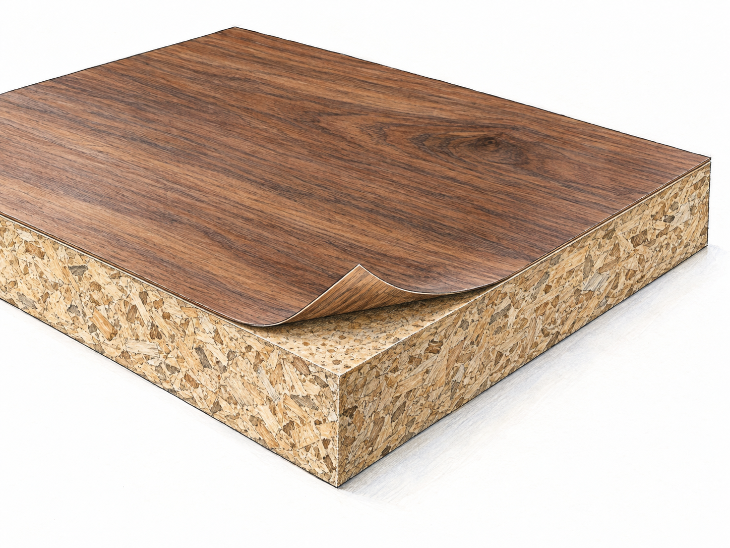 A close-up of a thick particleboard panel covered with an attractive, very thin wood veneer.