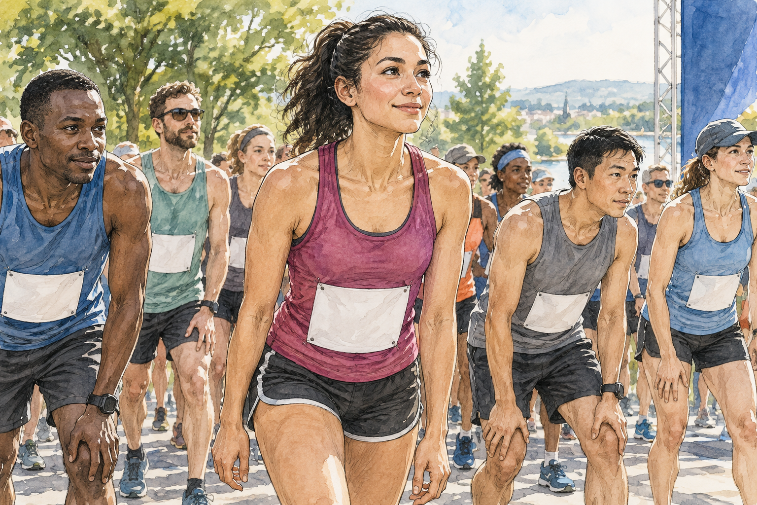 A runner wearing a plain blank bib stands among others at a community race start, active participant, no numbers or branding.