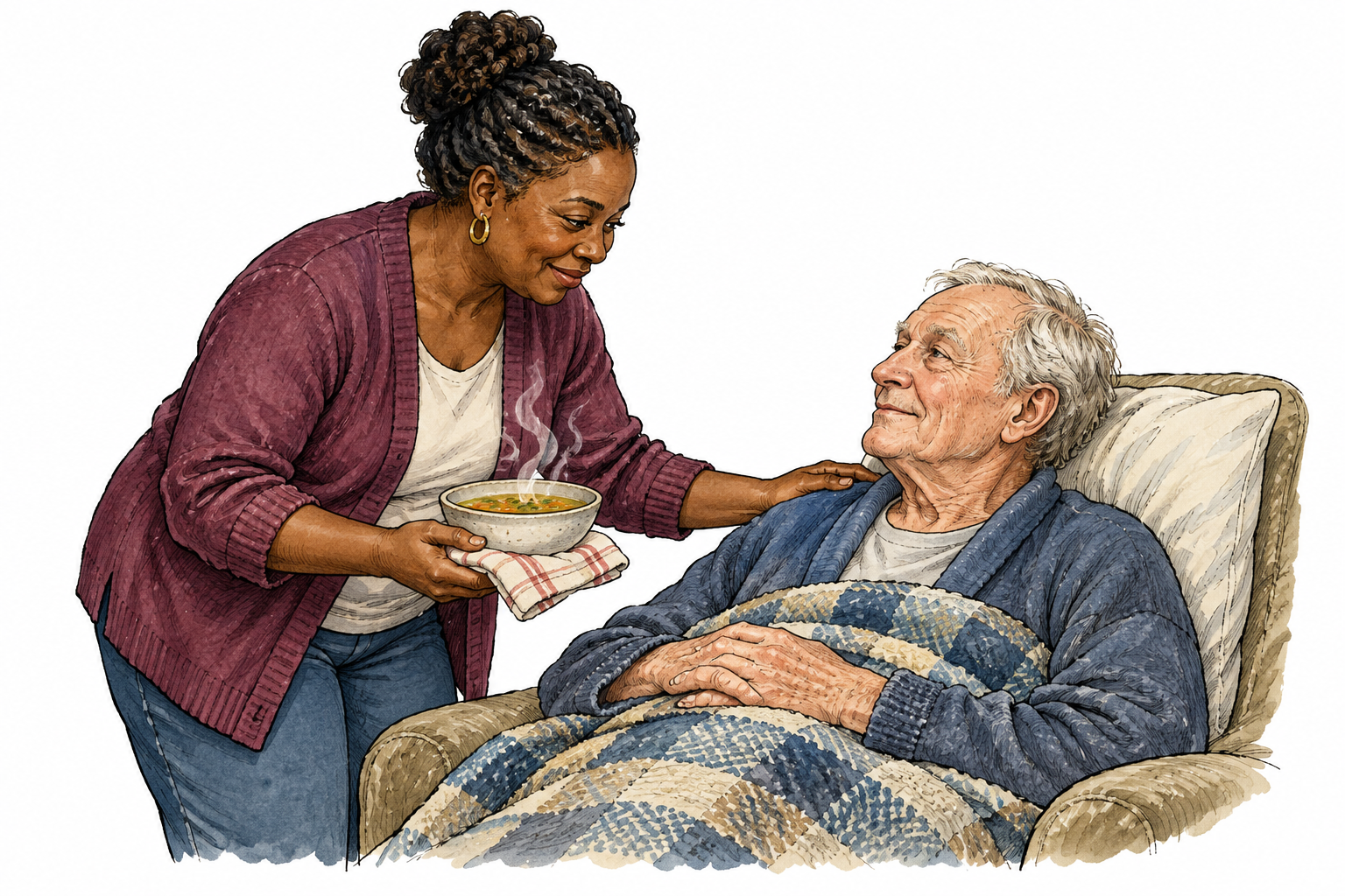 A Black woman brings warm soup and a comforting hand to an ill white older neighbor resting at home.