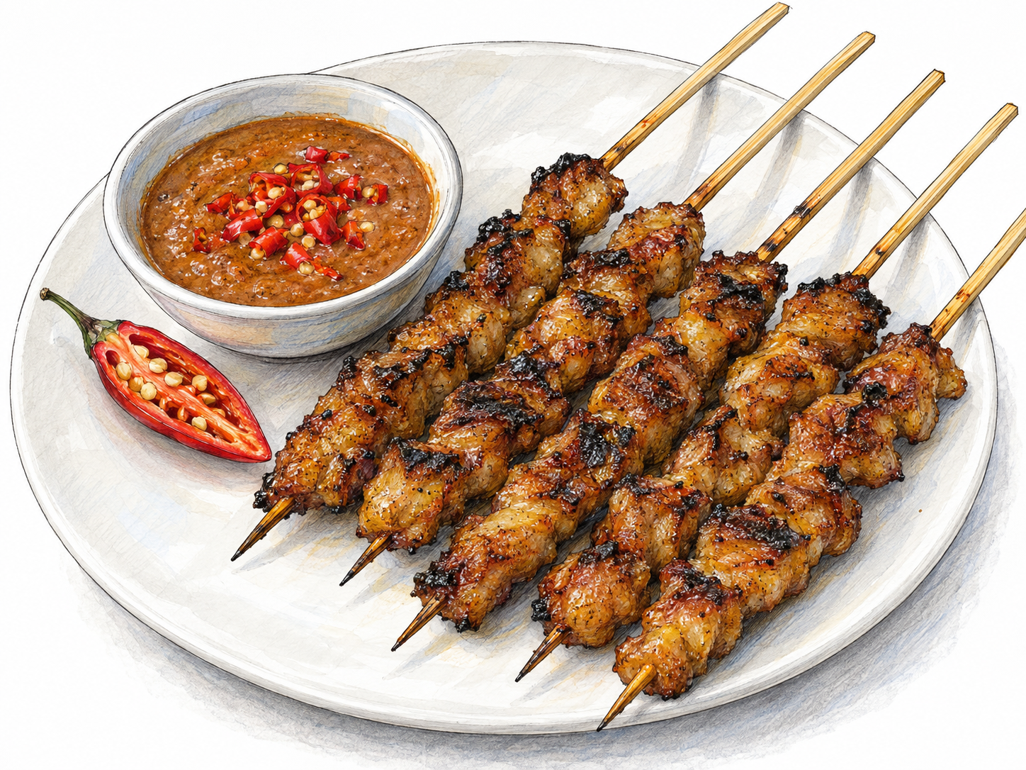 A plate of small grilled meat pieces threaded onto bamboo skewers, served beside a dipping bowl of spicy sauce with visible chopped red chili.