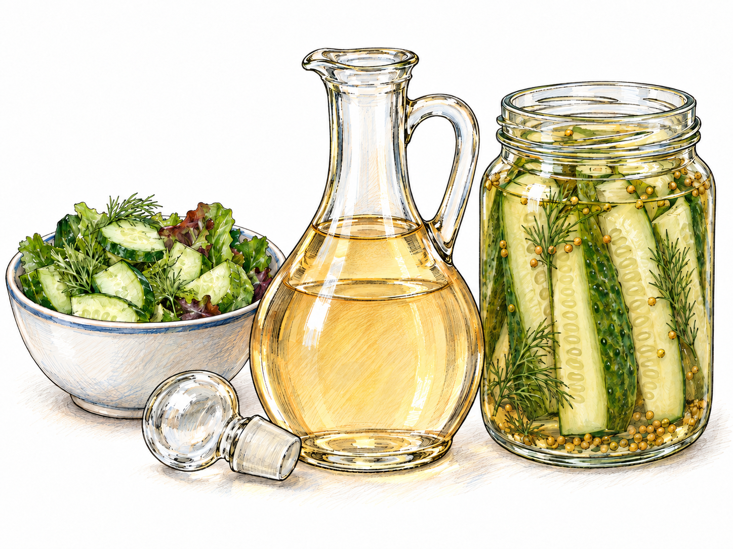 A plain glass cruet of pale amber vinegar beside an open jar of cucumber pickles and a small bowl of salad, showing its familiar culinary uses.