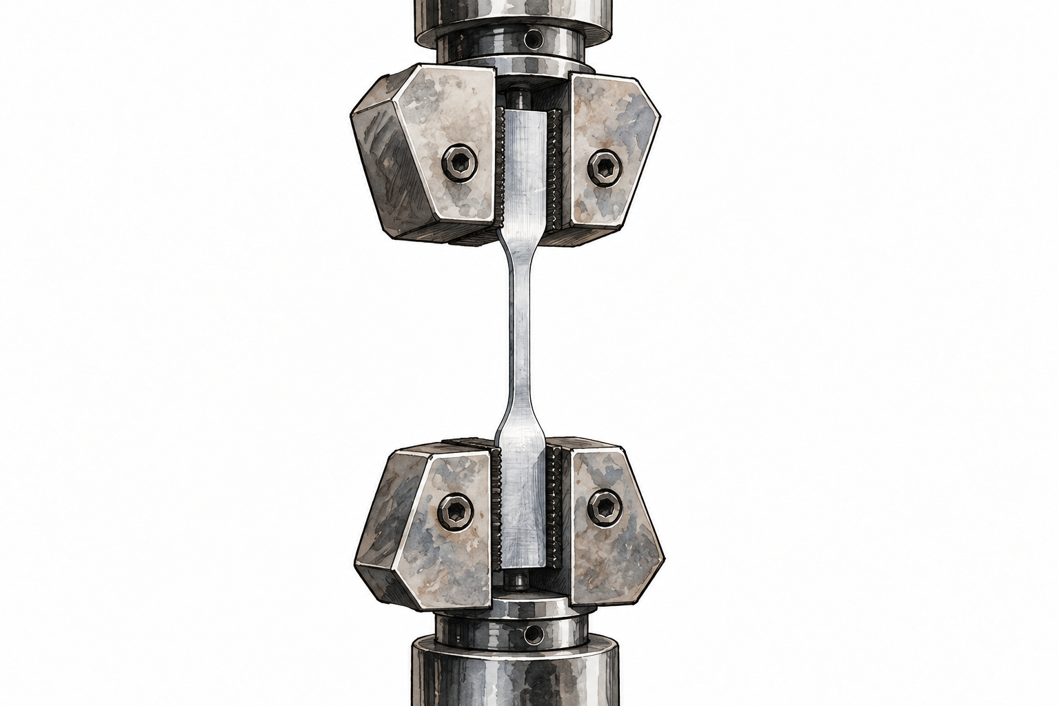 A materials testing machine pulling a narrow metal sample lengthwise between two opposing grips, realistic engineering tensile test, no readouts or labels.