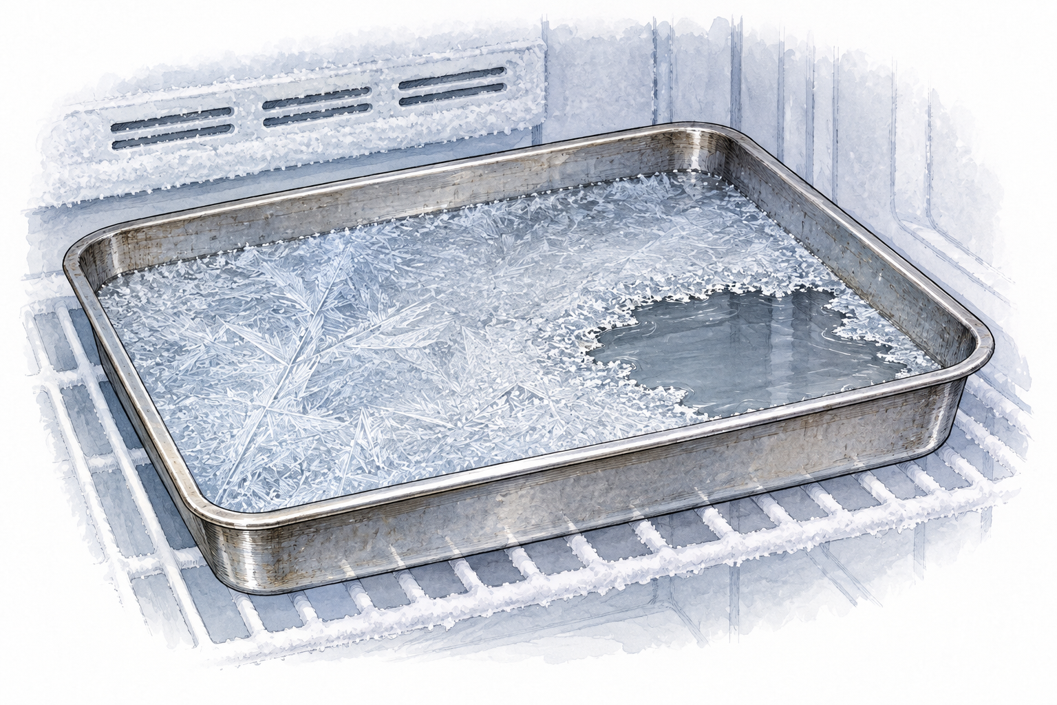 A shallow metal tray of water turning solid in a freezer, ice crystals cover the surface while small liquid area remains.