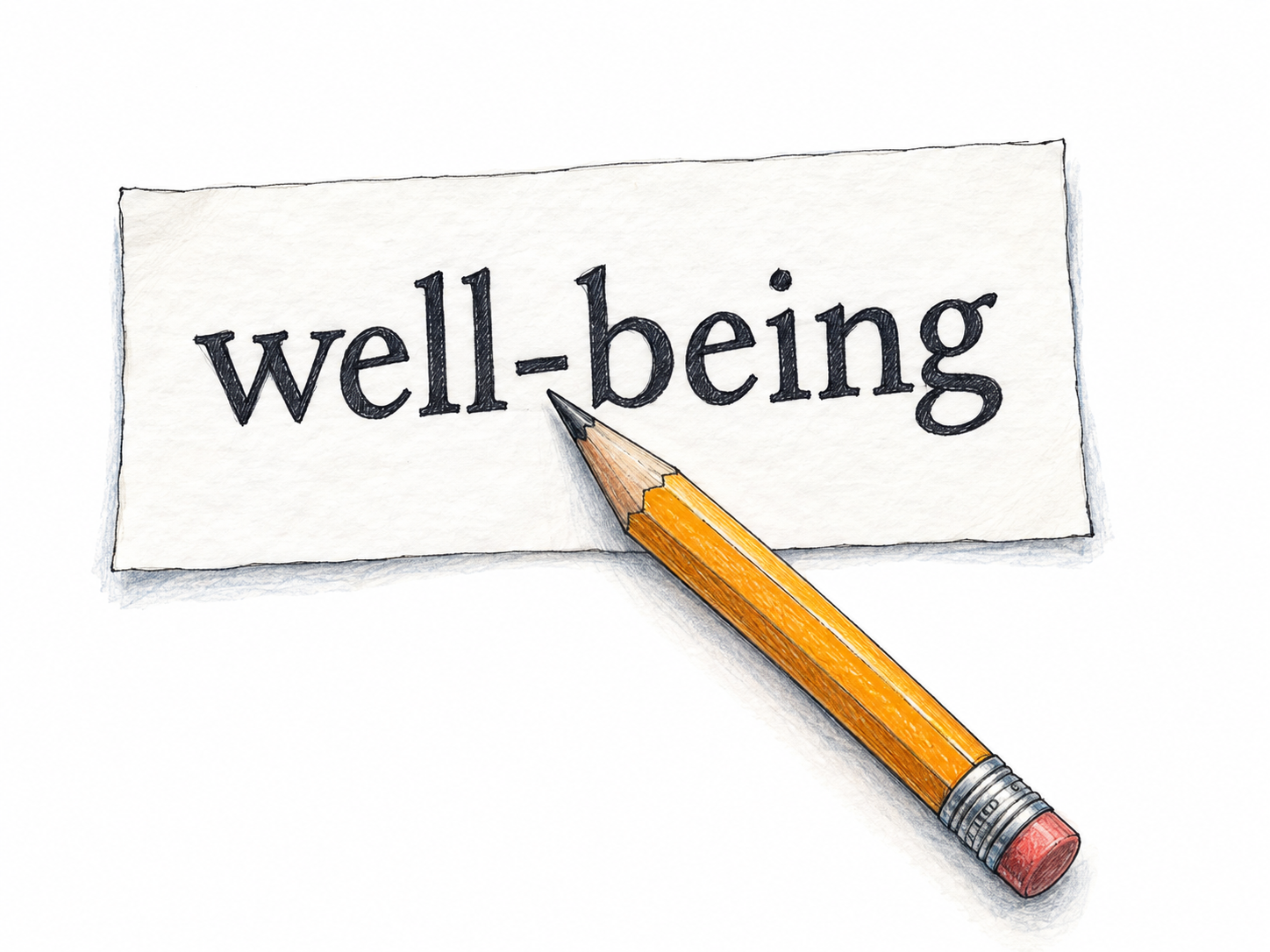A close-up of a pencil pointing directly to the short hyphen in the single written compound “well-being,” making its word-joining function visible.