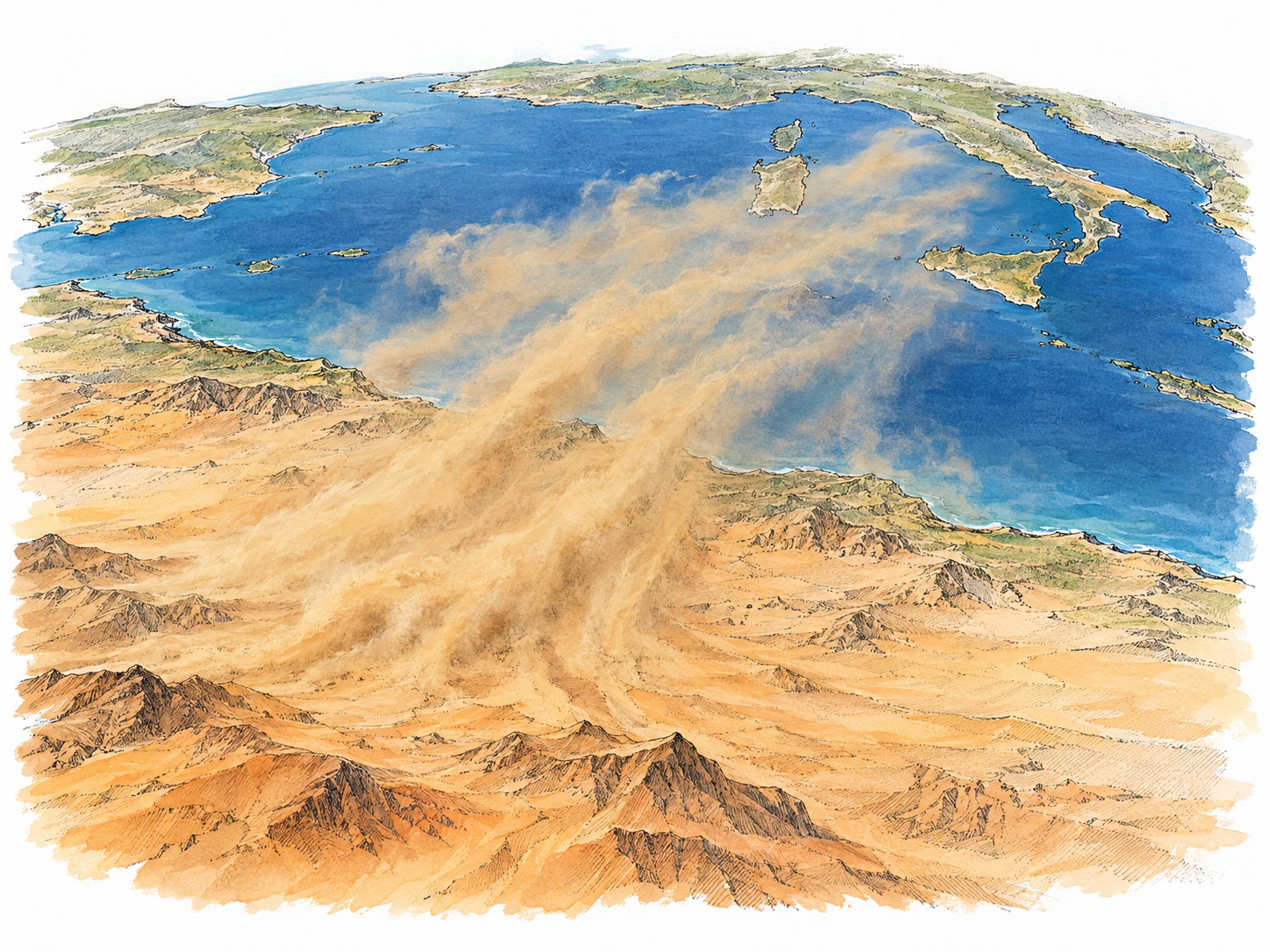An oblique aerial view of the Sahara bordering the Mediterranean, with a broad ochre dust plume visibly streaming from the sun-baked desert northward over the blue sea.