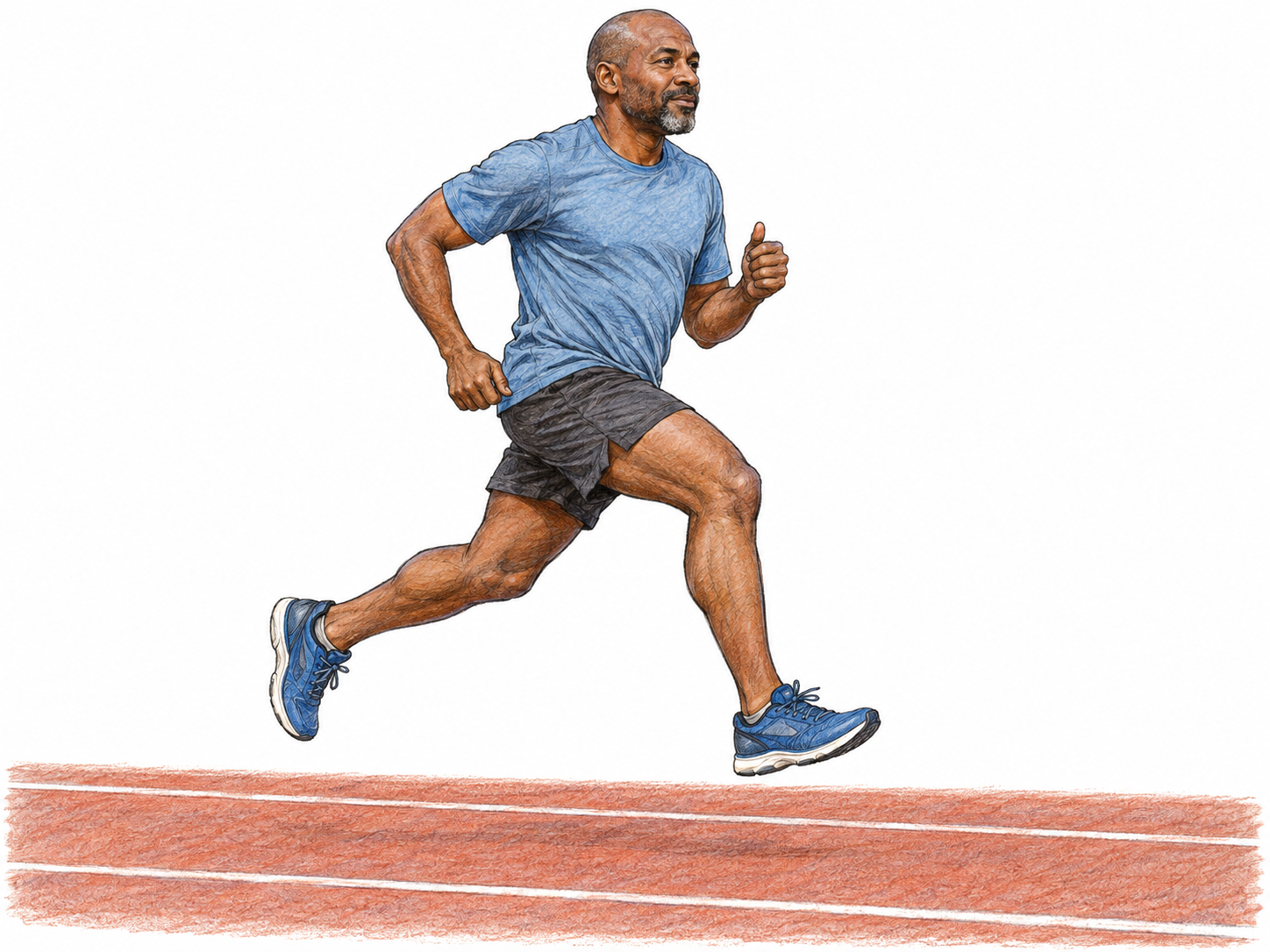 A recreational runner captured mid-stride on a short stretch of running track, with both feet airborne, bent elbows and athletic clothing making exercise unmistakable.