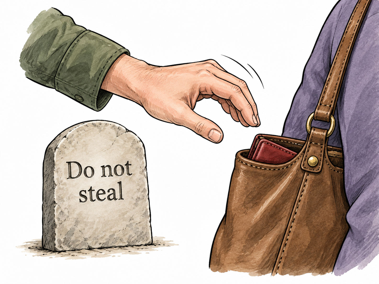 Small plain stone tablet bears only the brief functional rule 'Do not steal' while an adult hand pulls back from another person's purse, no other text.